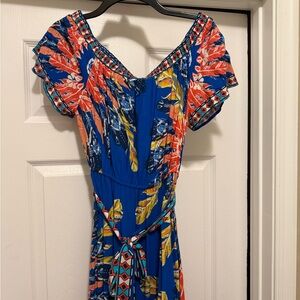 Blue Tropical Print Off-Shoulder Dress